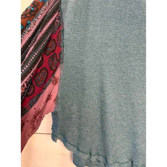Free People We The Free Teal Waffle Knit Patchwork Balloon Sleeve Thermal Top L - Picture 2 of 5